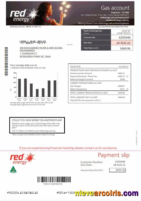 Premium AUSTRALIA RED ENERGY Utility Bill Word And PDF Template