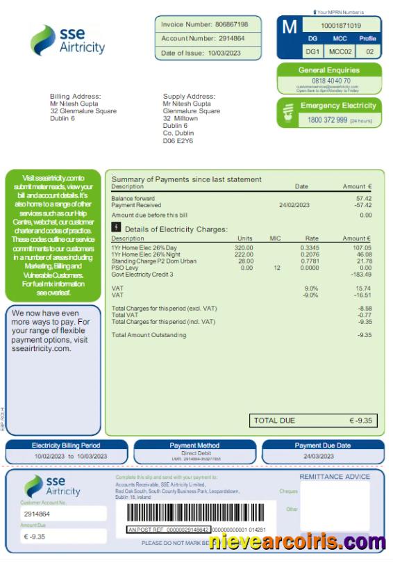 Professional AUSTRALIA SSE AIRTRICITY Utility Bill Word And PDF Template