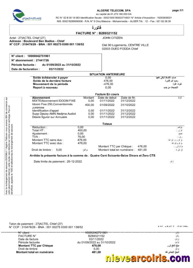 Professional Algeria Algerie Telecom Utility Bill Word And PDF Template