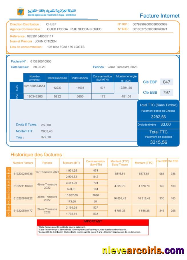 Realistic Algeria Societe Algerien Distribution Internet Utility Bill Word And PDF Template