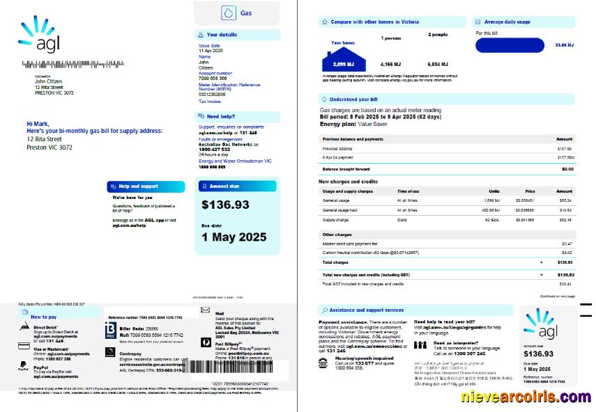 Professional Australia AGL Gas Utility Bill Template In Word And PDF Formats, 3 Pages, 1 2 Page
