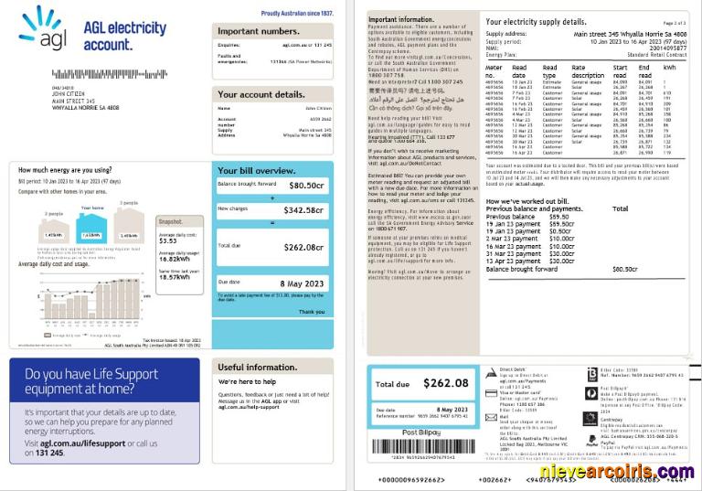 Australia AGL Electricity Account Energy Utility Bill Word And PDF Formats (2) Photolook