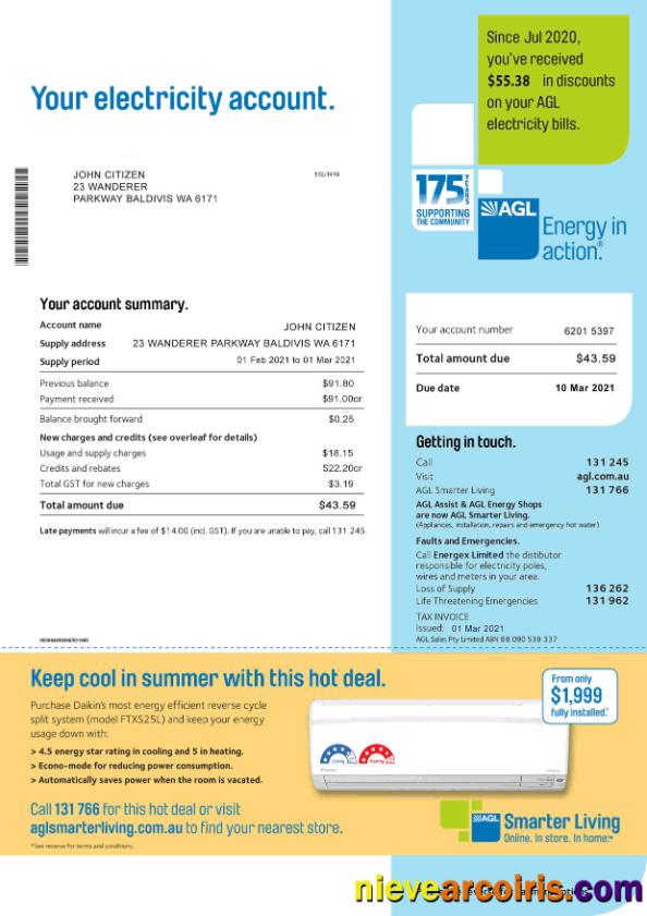 Premium Australia AGL Electricity Utility Bill Template, Fully Editable In PSD Format