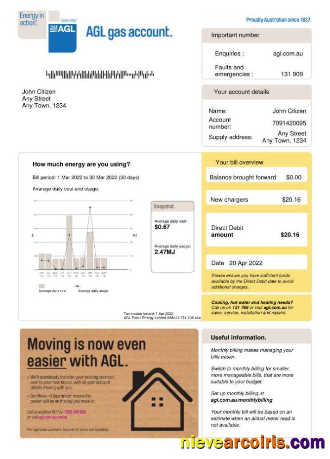 Realistic Australia AGL Gas Utility Bill Word And PDF Template, Version 2