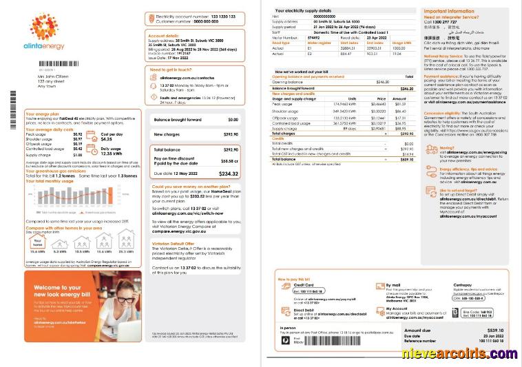 Professional Australia Alinta Energy Electricity Utility Bill Template In Word And PDF Format, 2 Pages