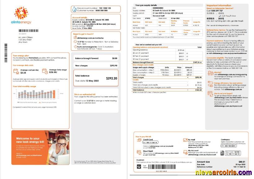 Editable Australia Alinta Energy Gas Utility Bill Template In Word And PDF Format, 2 Pages