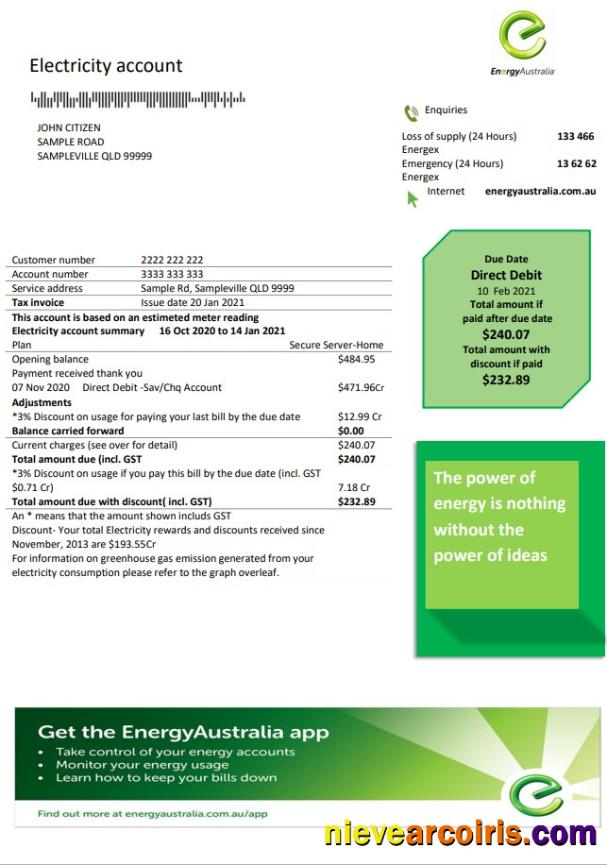 Australia Energy Proof Of Address Utility Template