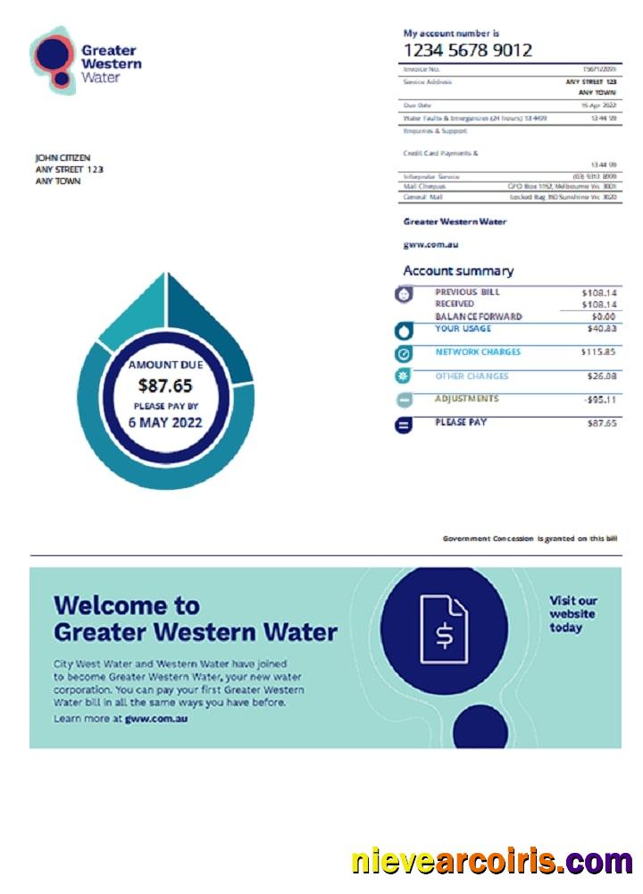 Australia Greater Western Water Utility Bill Sample