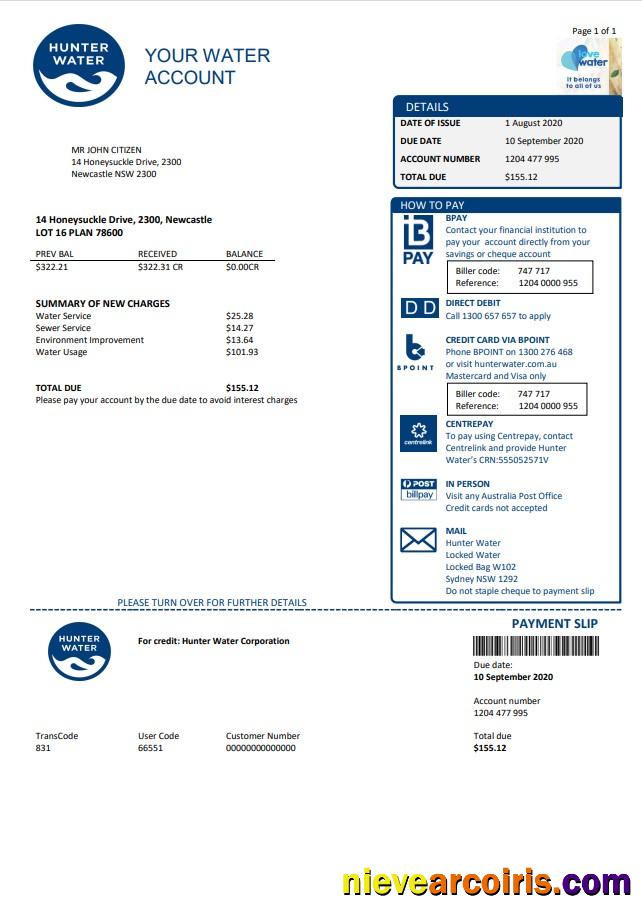 Australia Hunter Water Utility Bill Sample