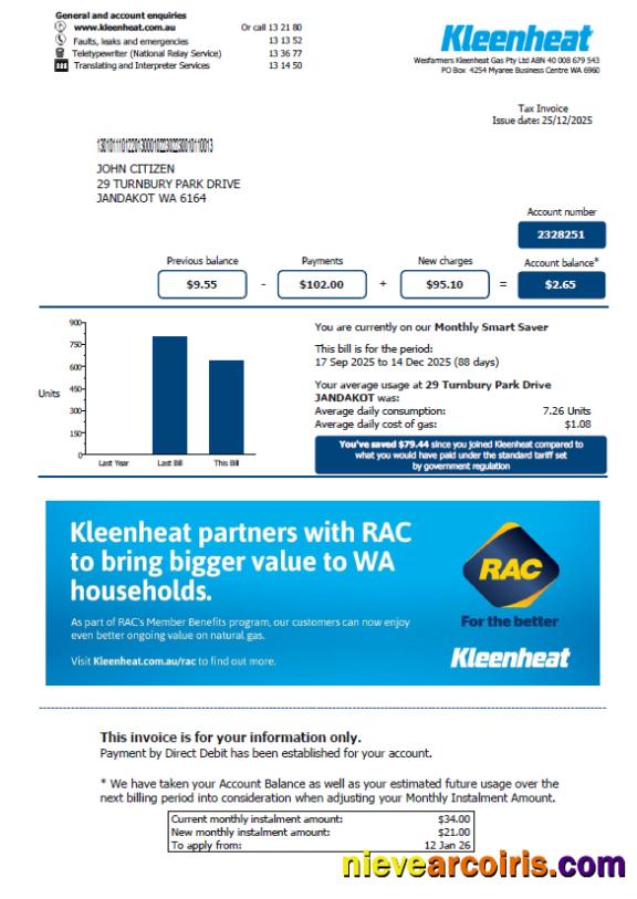 Editable Australia Kleenheat Utility Bill Template In Word And PDF Formats
