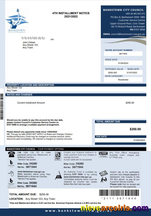 Australia NSW Bankstown City Council Utility Bill Sample