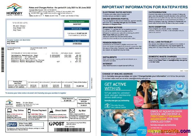 Premium Australia NSW Hornsby Shire Council Utility Bill, Word And PDF Template, 2 Pages