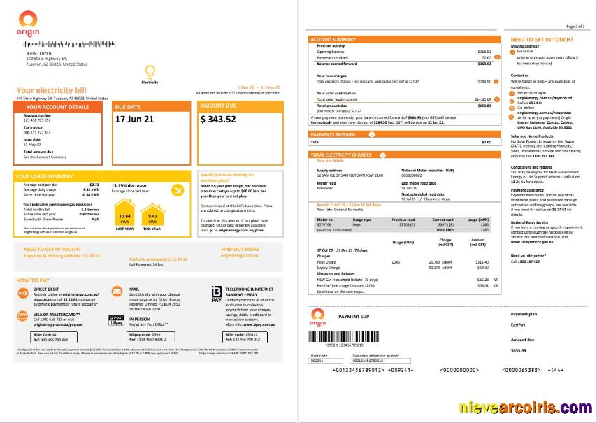 Editable Australia New South Wales (NSW) Origin Electricity Utility Bill Template In Word And PDF Format 1 2