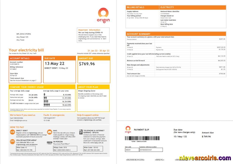 Professional Australia Origin Utility Bill, Word And PDF Template, 4 Pages 1 2