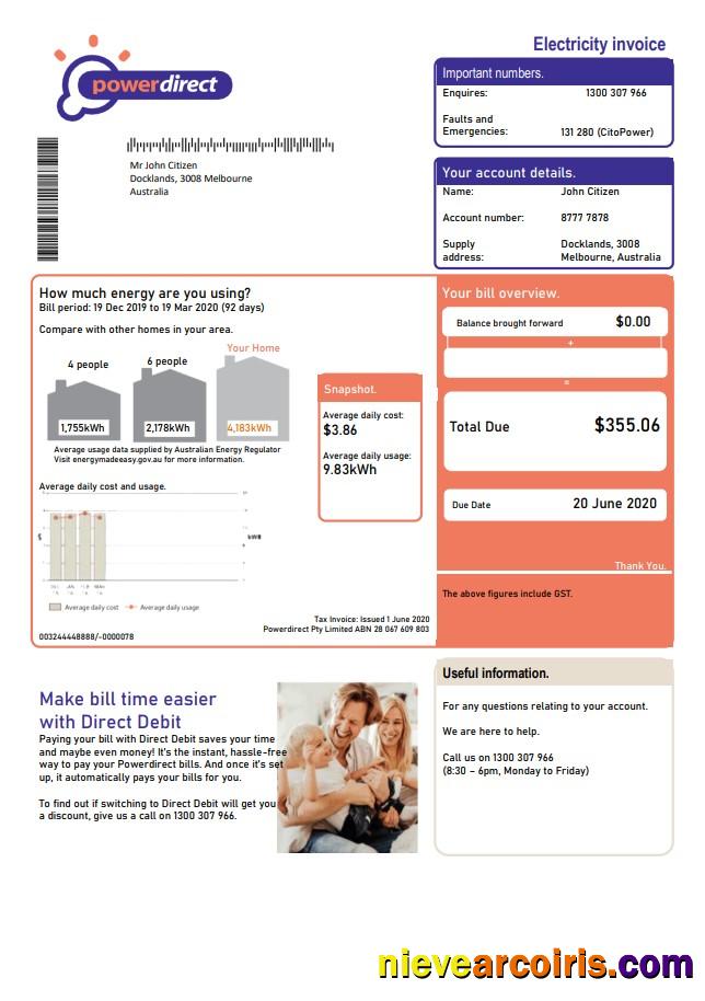 Australia Powerdirect Electricity Utility Bill Preview
