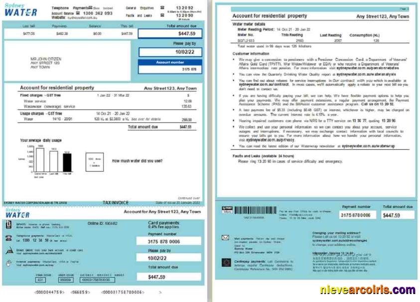 Realistic Australia Sydney Water Utility Bill, Word And PDF Template, 2 Pages