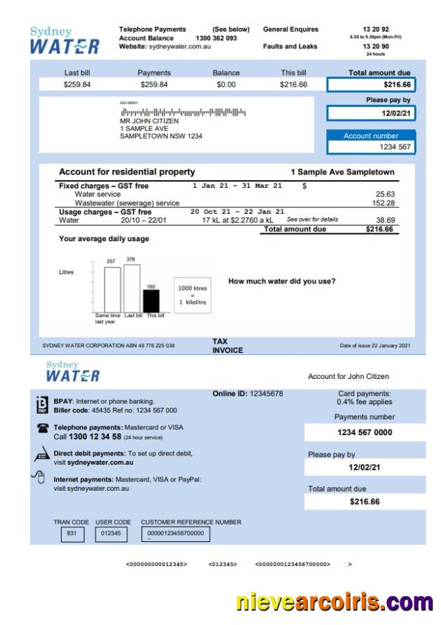 Australia Sydney Water Utility Bill Preview