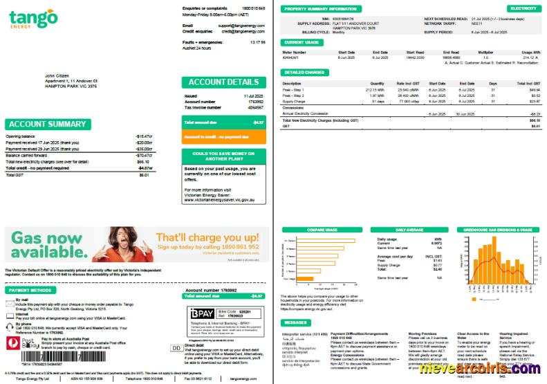 Premium Australia Tango Energy Utility Bill Template In Word And PDF Formats, 2 Pages