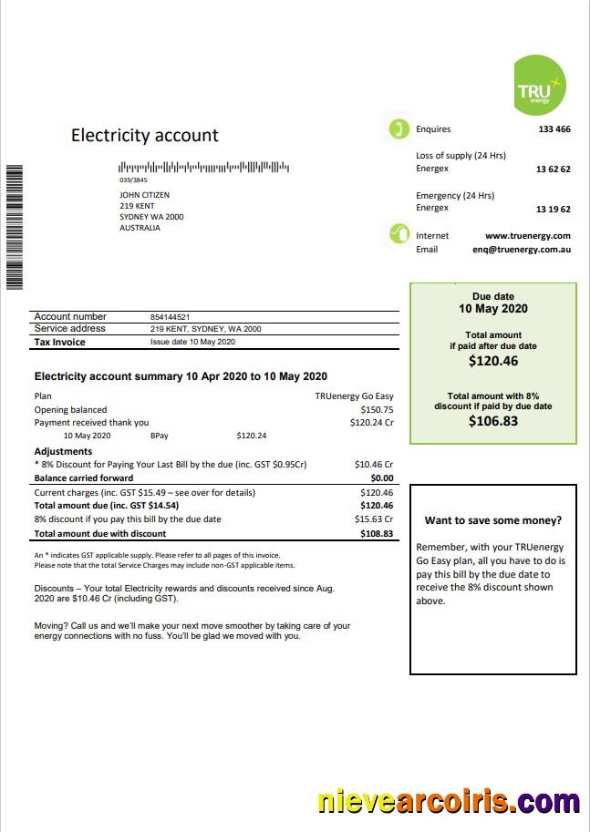 Realistic Australia Tru Energy Electricity Utility Bill Template In Word And PDF Format