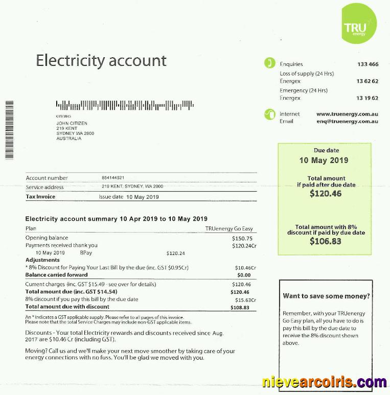 Premium Australia Tru Electricity Utility Bill Template, Fully Editable In PSD Format