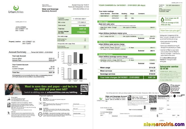 Editable Australia Urban Utilities .doc And .pdf Utility Bill Template