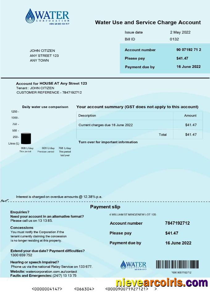 Editable Australia Water Corporation WA Utility Bill .doc And .pdf Template