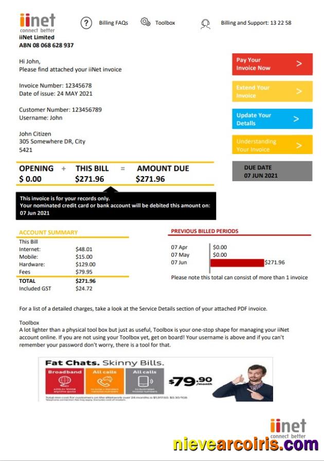 Australia IiNet Utility Bill Sample