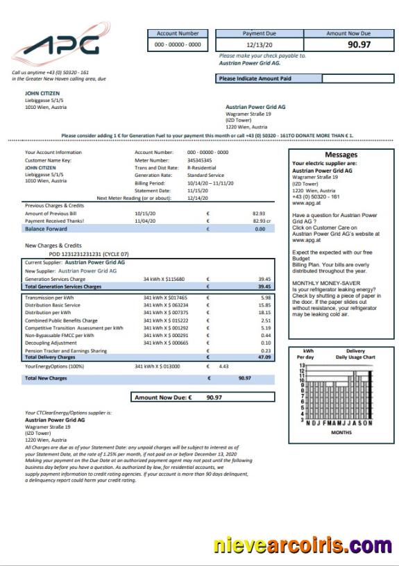 Austria Austrian Power Grid AG Utility Bill Sample