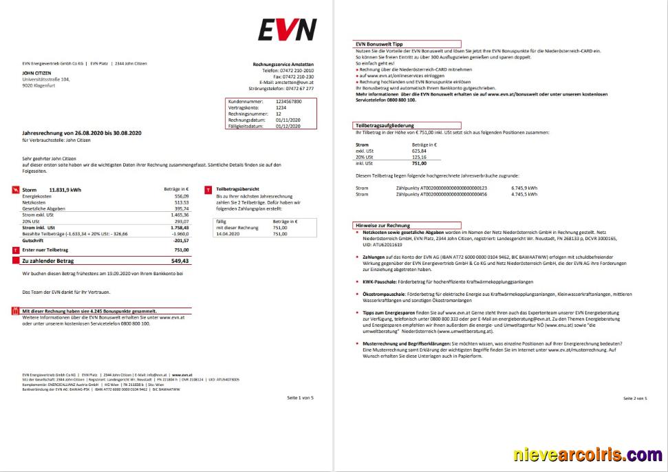 Austria EVN Electricity Utility Bill 5 Pages 1 2 Sample