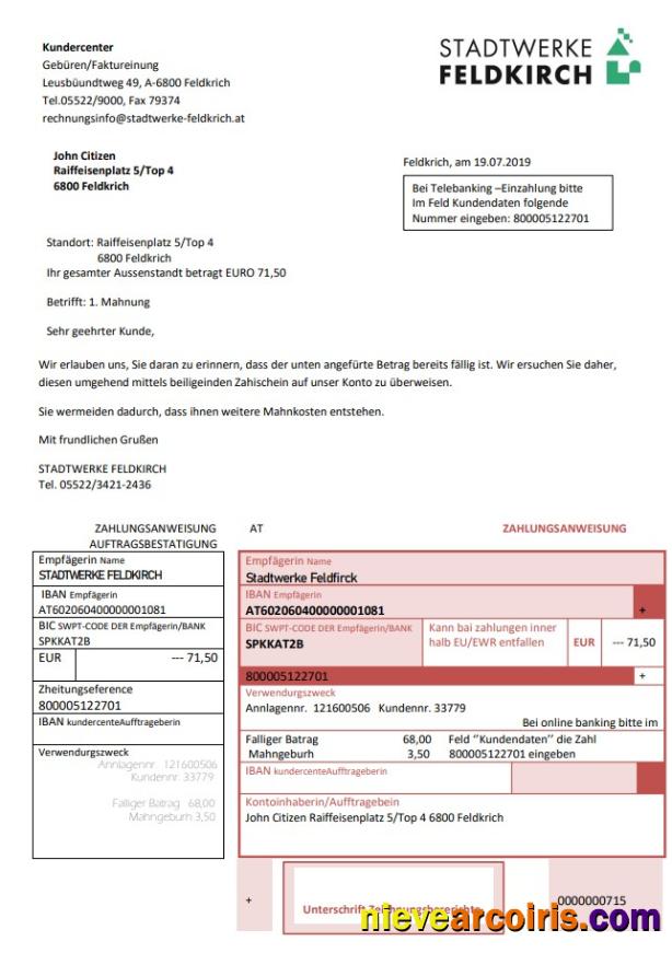 Austria Stadtwerke Feldkirch Utility Bill Sample