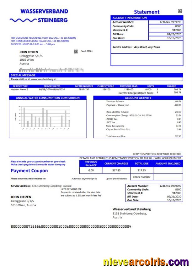 Austria Wasserverband Steinberg Water Utility Bill Sample