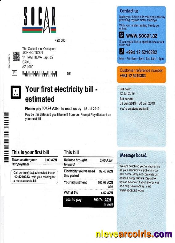 Editable Azerbaijan Socar Electricity Utility Bill Template, Fully Editable In PSD Format