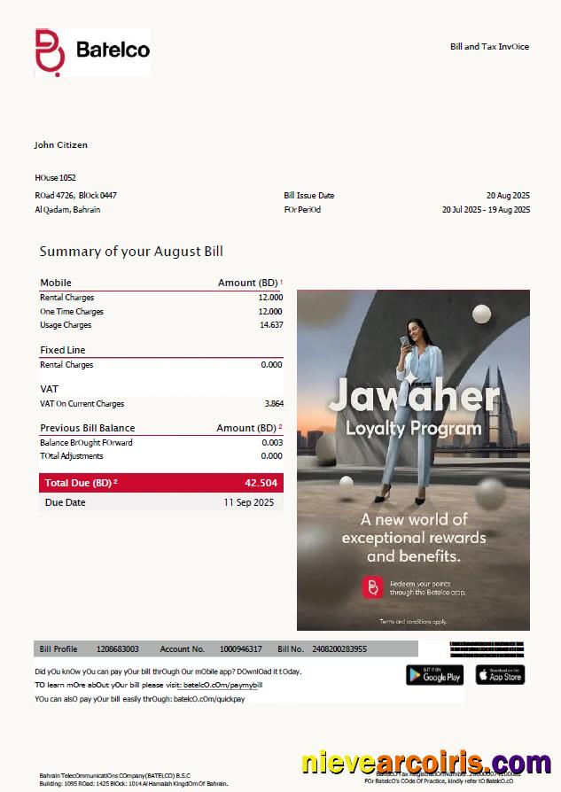 Realistic Bahrain Batelco Utility Bill Template In Word And PDF Formats