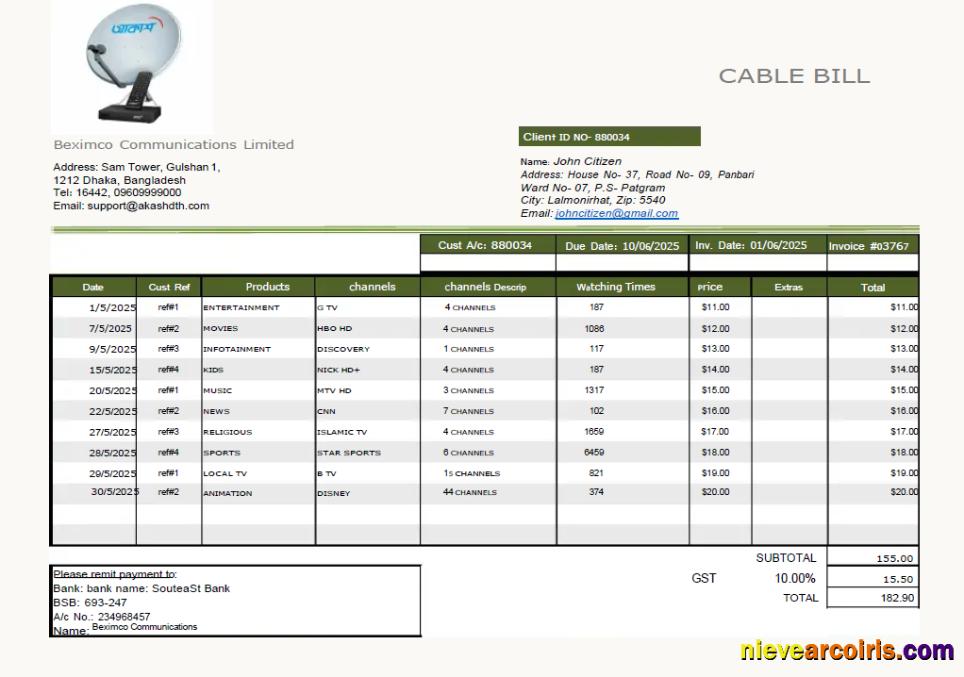 Professional Bangladesh Beximco Communications Utility Bill Template In Word And PDF Formats