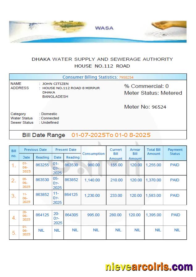 Premium Bangladesh Dhaka Water Supply And Sewerage Authority Utility Bill Template In Word And PDF Formats