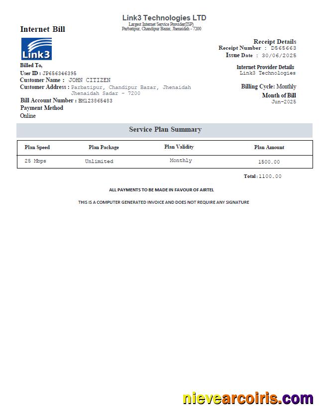 Professional Bangladesh Link3 Technologies LTD Utlity Bill Template In Word And PDF Formats
