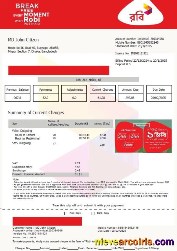Premium Bangladesh Robi Axiata Limited Utility Bill Template In Word And PDF Formats, Version 2