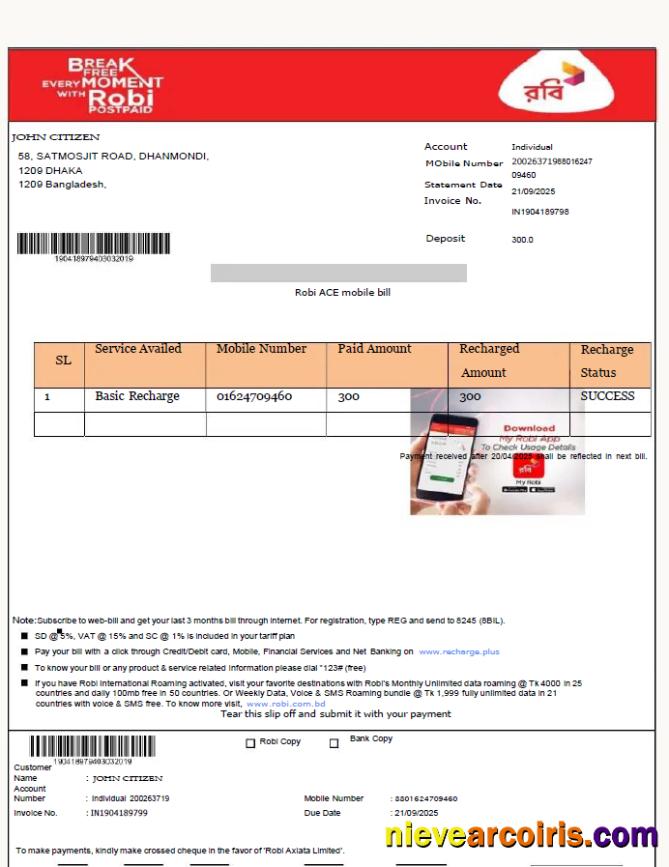 Professional Bangladesh Robi Axiata Limited Utility Bill Template In Word And PDF Formats