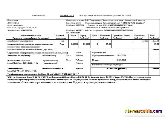 Belarus Gomel Energo Utility Bill Sample