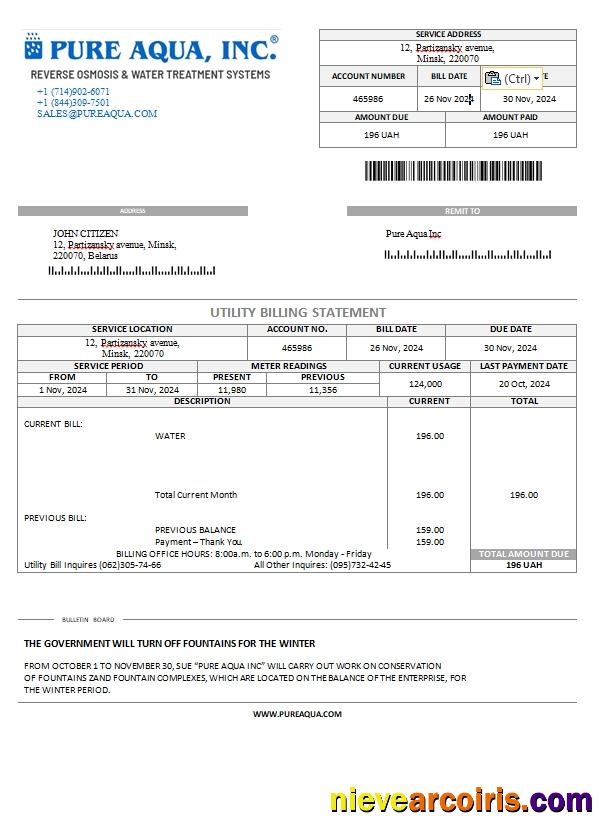 Belarus Pure Aqua Inc. Utility Bill Photolook