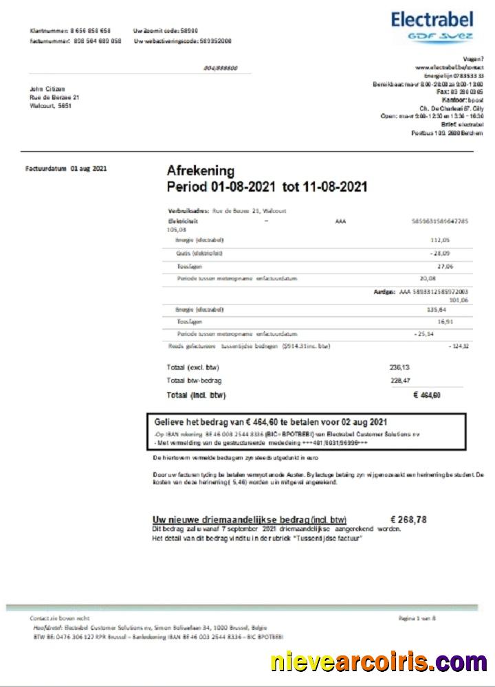 Professional Belgium Electrabel Electricity Utility Bill Template, Fully Editable In Word And PDF Format