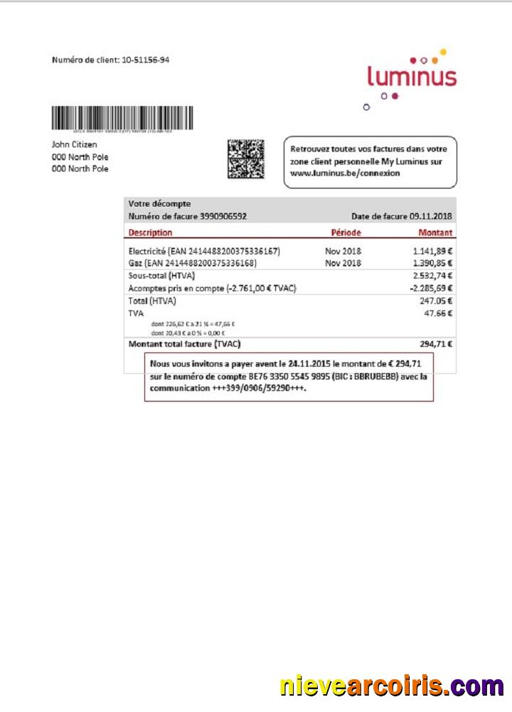 Professional Belgium Luminus Utility Bill Template In Word And PDF Format (in .doc And .pdf Format)