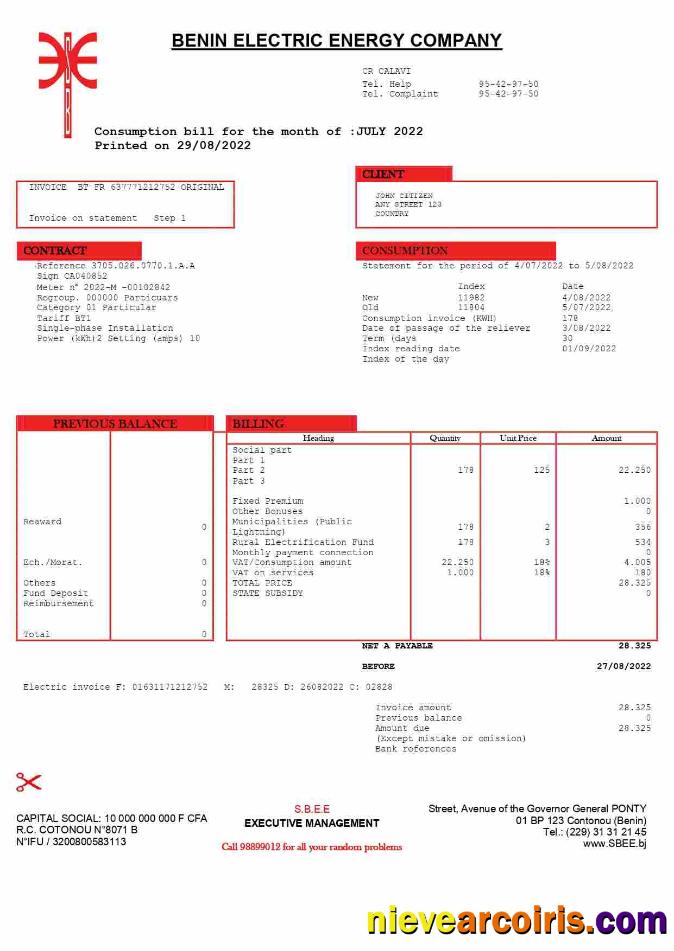 Editable Benin Electric Company Word And PDF Utility Bill Template