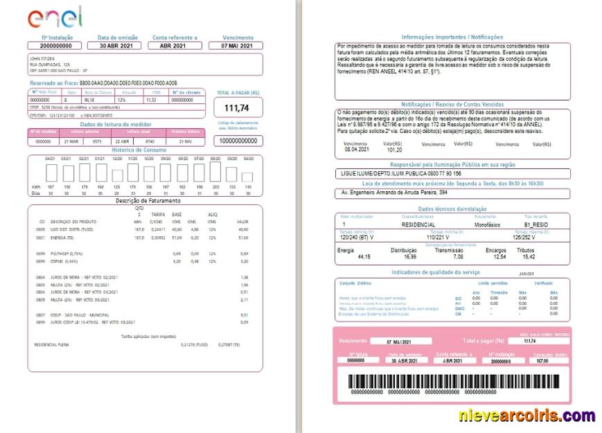 Brazil ENEL Electricity Utility Bill (2 Pages) Sample