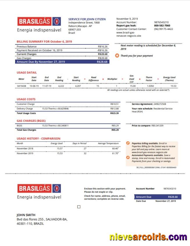 Editable Brazil Gas Utility Bill Template In Word And PDF Format