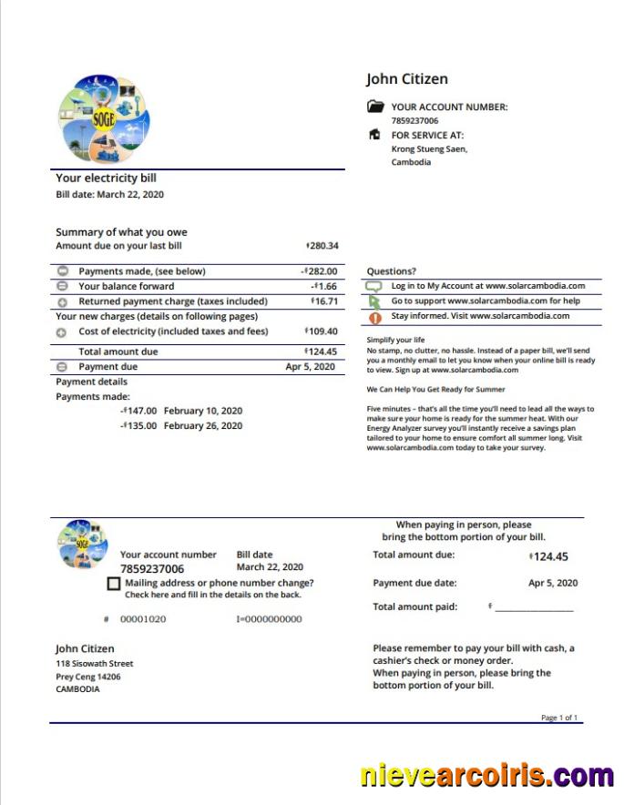 Editable Cambodia Solar Green Energy Cambodia Co Utility Bill Template In Word And PDF Format
