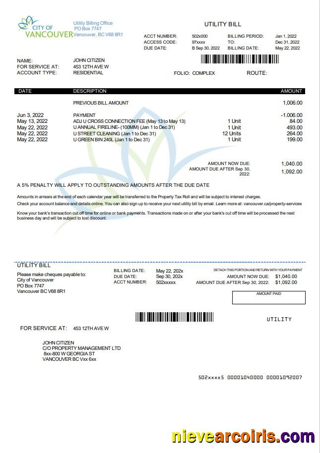 Realistic Canada British Columbia City Of Vancouver Utility Bill Template In Word And PDF Format