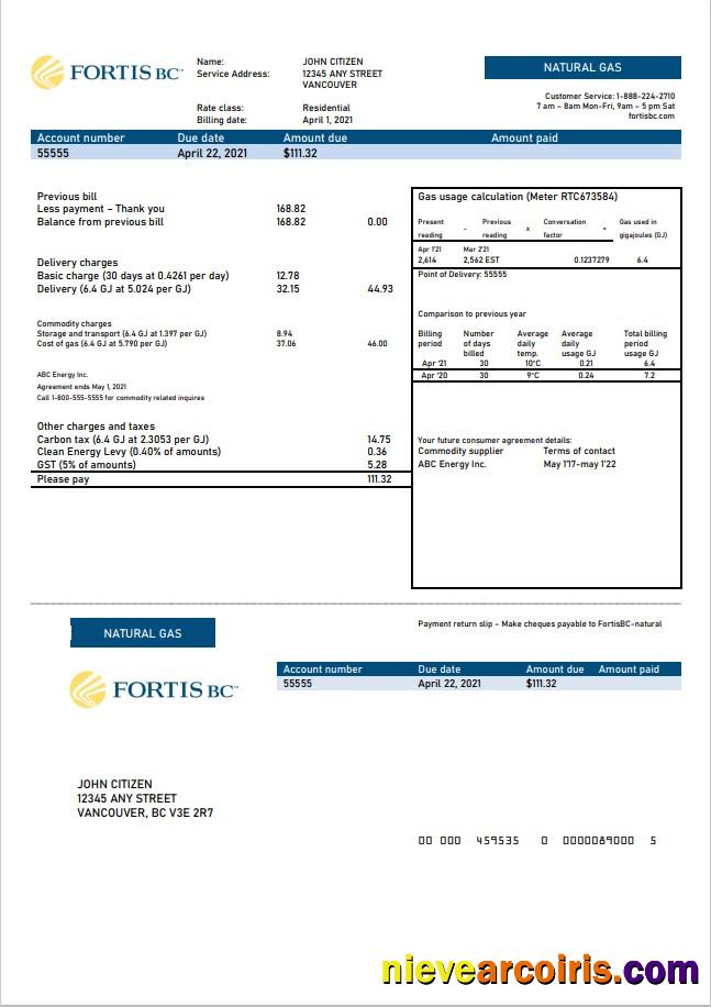 Premium Canada British Columbia FortisBC Utility Bill Template In Word And PDF Format
