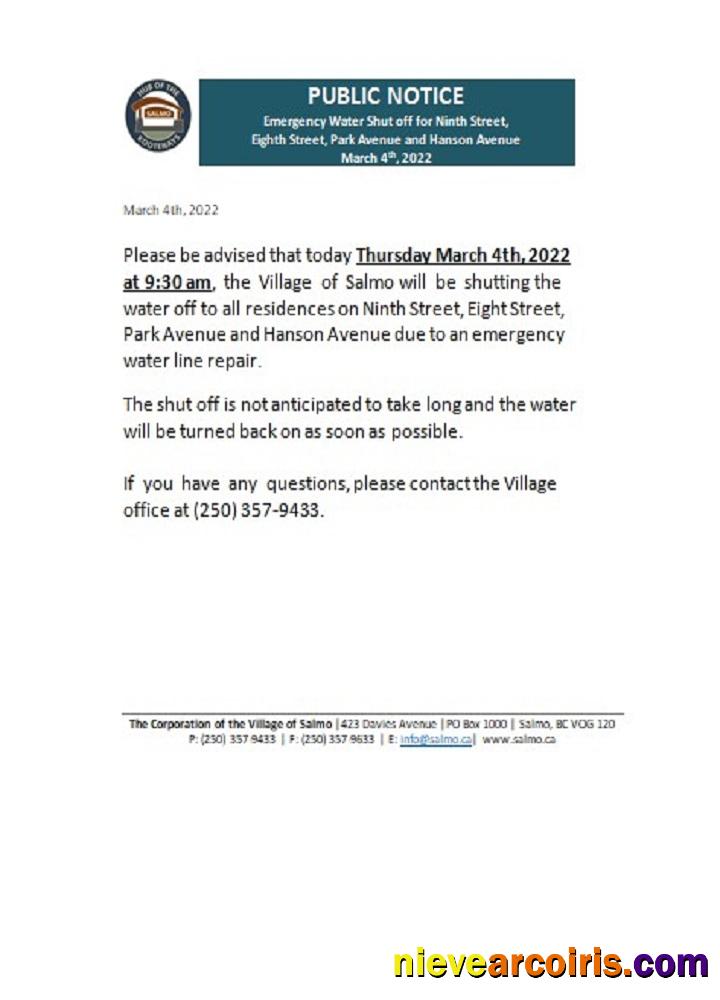 Canada British Columbia Hub Of The Salmo Kootenays Utility Shut Off Notice Preview