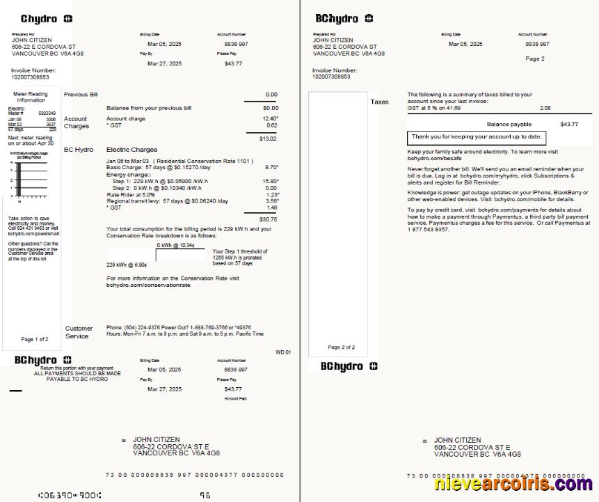 Editable Canada Chydro Utility Bill Template In Word And PDF Formtas, 2 Pages